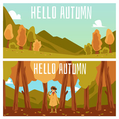 Autumn banners design with fall season landscape, flat vector illustration.
