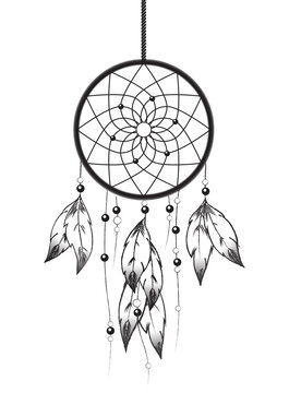 Dreamcatcher isolated on white background. Native American style ornament with web, beads and feathers. 