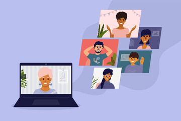 Diverse group of people talking online by video call. Virtual meeting or conference with friends or colleagues using laptop. Team work from home office. Internet connect technology vector illustration