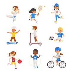 Fototapeta premium Active children sport activity set of flat vector illustrations isolated.