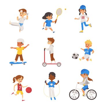 Active children sport activity set of flat vector illustrations isolated.