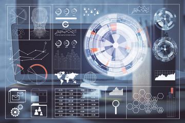 Double exposure of laptop computer and technology theme hologram. Concept of freelance work.