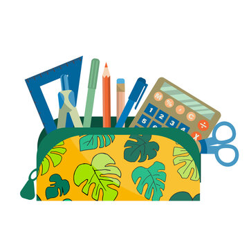 Set of school accessories in pencil box. School pencil case with pens, pencils, rulers, scissors and a calculator is isolated on a white background. Vector illustration in cartoon style.