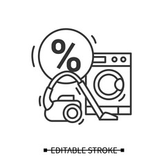 Home appliances sale icon. Vacuum cleaner and washing machine with discount linear pictogram. Black Friday household utensils special offer announce concept. Editable stroke vector illustration