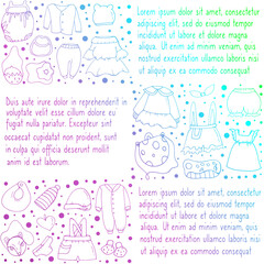 Set with children's clothing.  Doodle style. Vector isolated illustration with booties, sweatshirts. Dresses, shorts, hats, children's bags, toys on a white background.