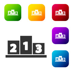 Black Award over sports winner podium icon isolated on white background. Set icons in color square buttons. Vector Illustration.