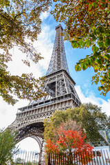 Eiffel Tower in yellow-red autumn leaves against a bright blue sky. Beautiful city landscape. Vertical.