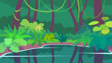 vector illustration, abstract polygon landscape, lake, reflection, jungle, dense, thicket, fern, vine, tree, forest at the day