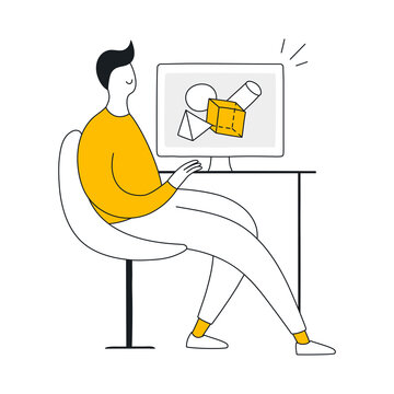 3D Graphic Designer, computer display with geometric shapes - Vector. 3D Graphic Designer sitting near the workplace and using the computer