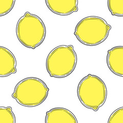 Hand drawn seamless pattern. Ink sketch and watercolor stains lemons. Citrus fruit background.