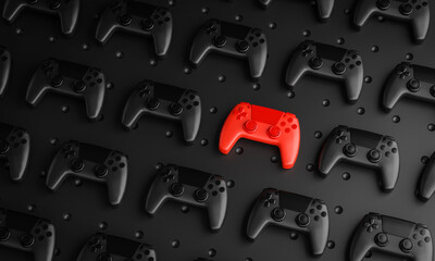 Outstanding Concept. Red Gamepad Between Multiple Black Joysticks Background 3D Rendering © natanaelginting