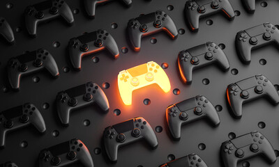 Outstanding Concept. Glowing Gamepad Between Multiple Black Joysticks Background 3D Rendering - 363491772