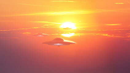 Flying Saucer invasion in front of a beautiful sunset in an orange sky - concept art - 3D rendering
