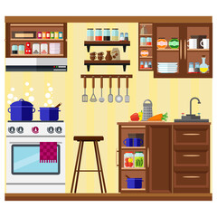 Cozy kitchen with furniture, food, dishes and equipment. Vector illustration on the theme of home interior and cooking.