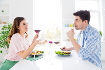 Profile side view portrait of his he her she two nice attractive lovely cheerful cheery spouses eating meal dish talking drinking wine honey moon vacation light white interior kitchen house apartment