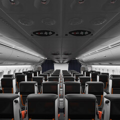 Fototapeta premium 3D render of Premium Economy Cabin with safe comfortable seats for travelling on a passenger airplane