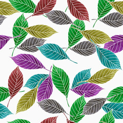 Seamless pattern with colored leaves on a white background. Illustration for the design of fabric, wallpaper, wrapping paper.
