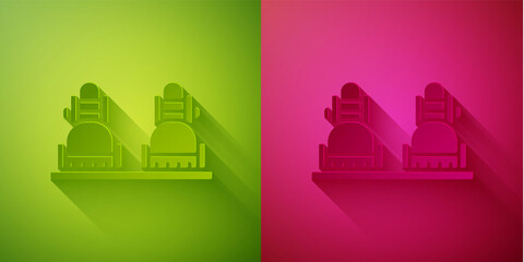 Paper cut Snowboard icon isolated on green and pink background. Snowboarding board icon. Extreme sport. Sport equipment. Paper art style. Vector Illustration.