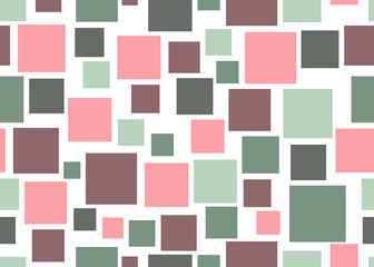 Squares scatter. Seamless pattern design for cover page, fabric, wrapping paper, background, wallpaper. Shades of green, red. Vector.