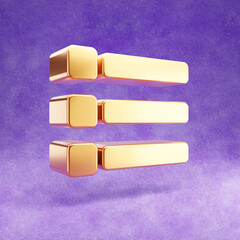 List icon. Gold glossy List symbol isolated on violet velvet background. Modern icon for website, social media, presentation, design template element. 3D render.