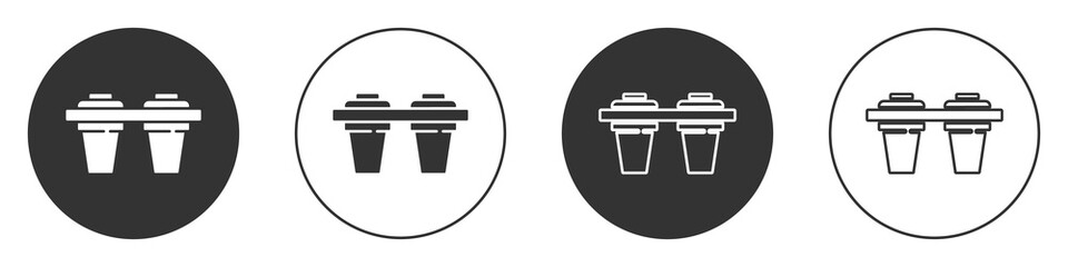 Black Water filter icon isolated on white background. System for filtration of water. Reverse osmosis system. Circle button. Vector Illustration.