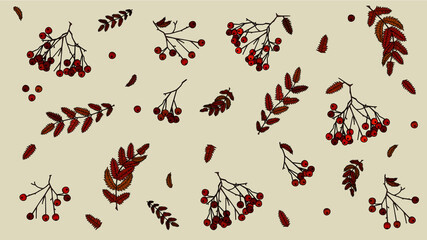 Autumn theme of rowan berries and leaves, autumn-coloured leaves, red and orange rowanberries