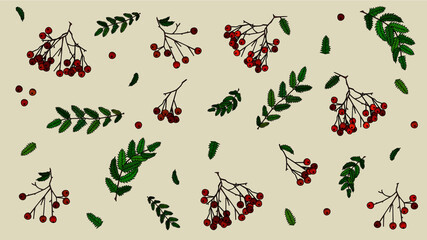 Autumn theme of rowan berries and leaves, green-coloured leaves, red and orange rowanberries