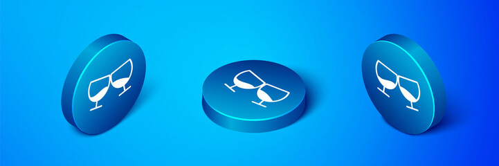 Isometric Glass of cognac or brandy icon isolated on blue background. Blue circle button. Vector Illustration.
