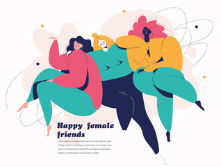 Happy female friends. Vector illustration for web banner, infographics, mobile. Happy woman, Feminism.