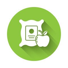 White Apple in the sack icon isolated with long shadow. Apples in a canvas bag. Farmers market. Green circle button. Vector Illustration.