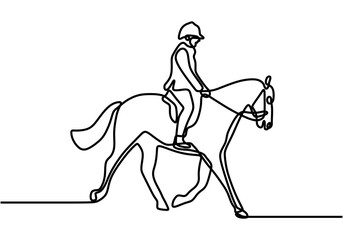 Continuous one line drawing young man rider on horseback with minimalist design isolated in one white background.