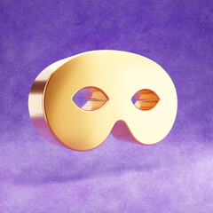 Mask icon. Gold glossy Mask symbol isolated on violet velvet background. Modern icon for website, social media, presentation, design template element. 3D render.