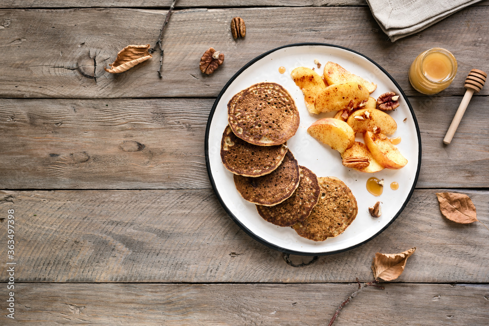 Sticker Pancakes with caramelized apples and pecans