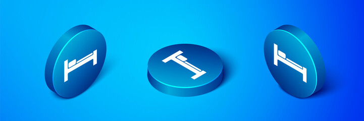 Isometric Bed icon isolated on blue background. Blue circle button. Vector Illustration.