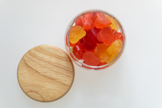 Top view Colorful Heart Shape jelly in the glass Jar