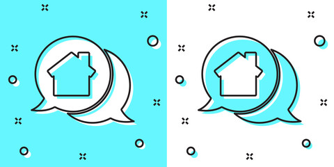 Naklejka premium Black line Real estate message house in speech bubble icon isolated on green and white background. Random dynamic shapes. Vector Illustration.