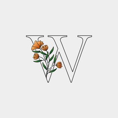 Outline Nature Flower Initial Letter W logo icon, vector letter with hand drawn luxury ornate nature flower design