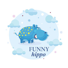 Funny hippo. Vector cartoon character. Emblem. Cute hippo on a background of the sky with clouds. 