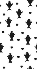 Seamless pattern black and white colors. Samovar and cup of tea