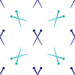 Blue Knitting needles icon isolated seamless pattern on white background. Label for hand made, knitting or tailor shop. Vector Illustration.