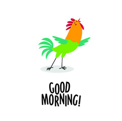 Vector illustration of a rooster saying good morning. farm bird, cartoon rooster.
