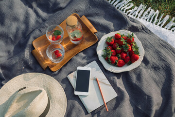Summer picnic on the grass. Empty planner or diary, fresh strawberries, refreshing drinks, mobile phone with blank screen and hat on the blanket. Top view, lifestyle concept.