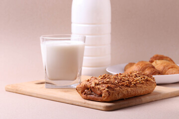 fresh baked bakery products and milk