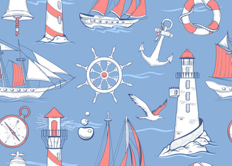 Seamless pattern with map, yachts, sea bell and seagulls. Hand drawn retro style
