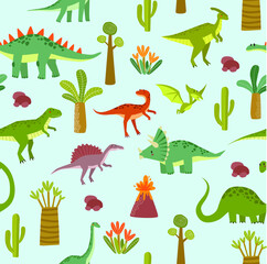 Vector seamless background with dinosaurs. Jurassic Park. Children's pattern. Tyrannosaurus, Brachiosaurus, Pterodactyl, Diplodocus, Triceptors. Set of cartoon dinosaurs. Can print on fabric
