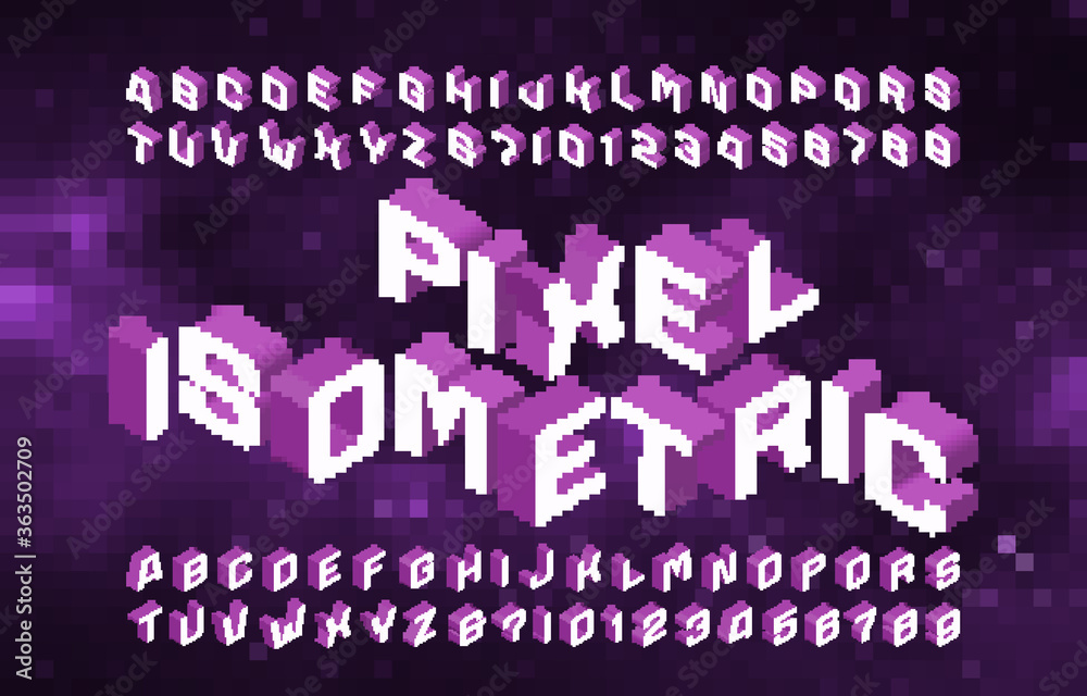 Poster Pixel Isometric alphabet font. 3d letters and numbers. Abstract pixel background. 80s arcade video game typescript.