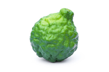 Closeup fresh organic Bergamot or kaffir lime fruit with green leaf  isolated on white background with clipping path.
