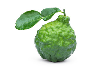 Closeup fresh organic Bergamot or kaffir lime fruit with green leaf  isolated on white background with clipping path. Herbs medical plant concept.