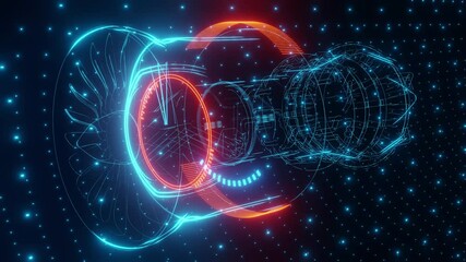 3D Model Detailed Silhouette of Jet Engine Turbine. Blue Jet Made of Blue Lines in Tron Style.