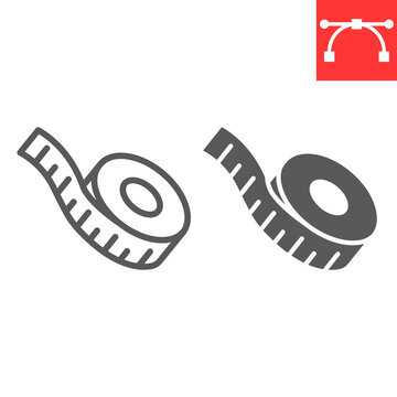 Measuring tape line and glyph icon, fitness and ruler, measurement tape sign vector graphics, editable stroke linear icon, eps 10.